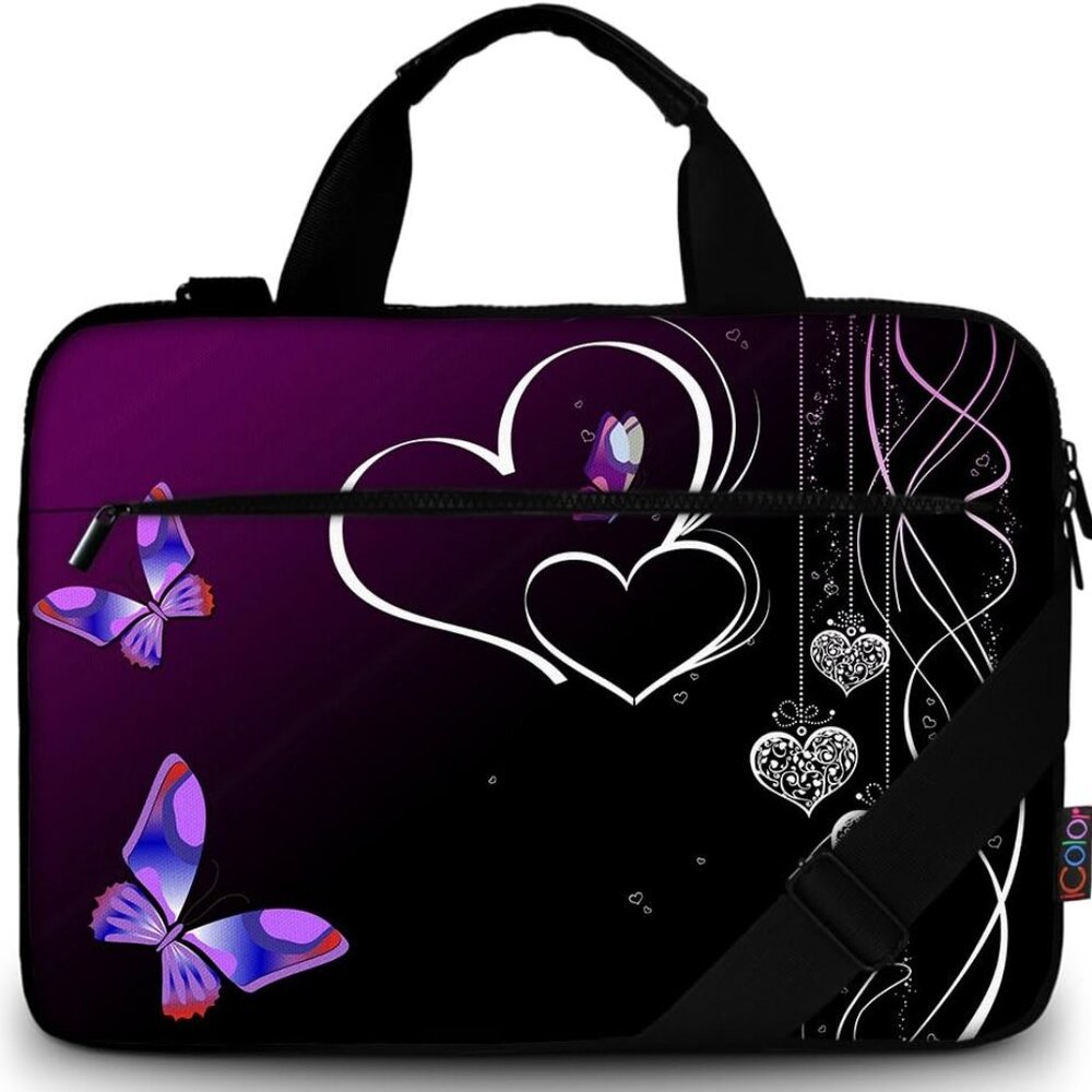 Laptop Messenger Bag Protective Shoulder Case -Purple Heart & Butterfly